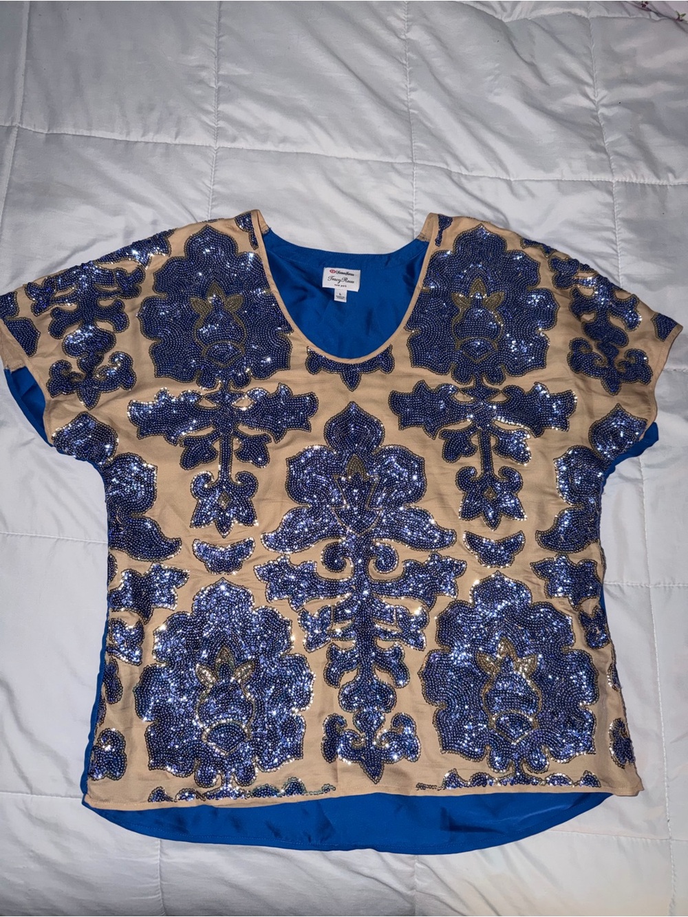 Neiman Marcus | Tracy Reese Embellished Beige & Royal Blue Sequin Top - Large
